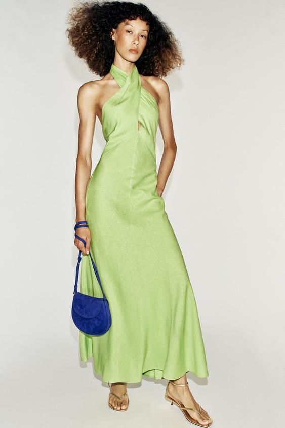 Zara LINEN MIDI HALTER DRESS - Lime green - Image 0