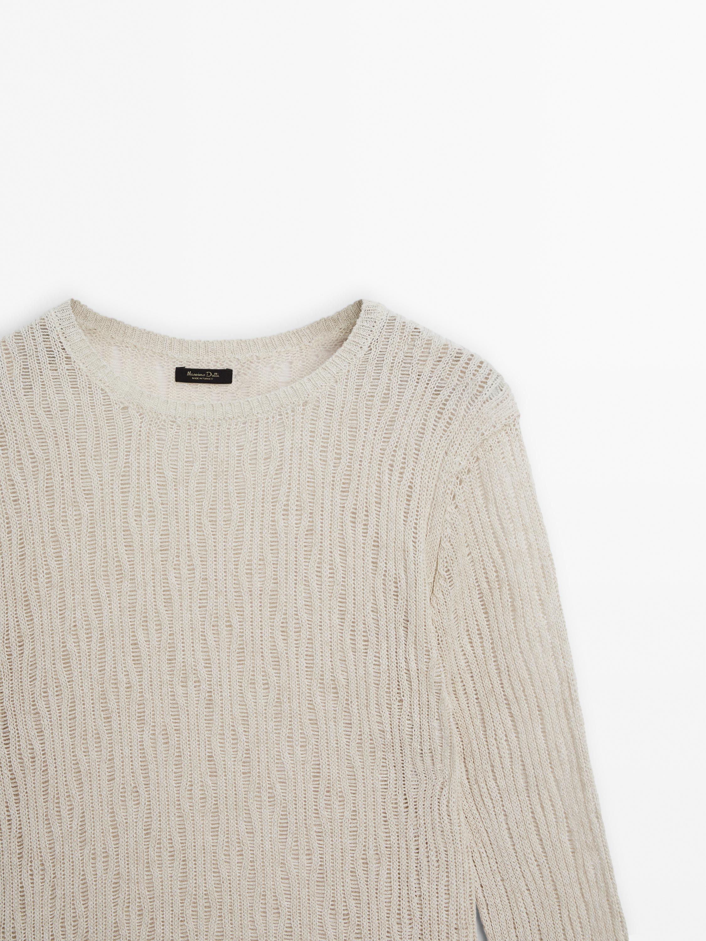 Knit crew neck sweater with wavy detail - Sand | ZARA Canada