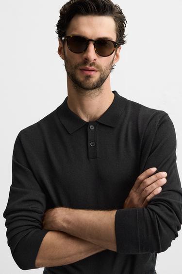 Zara MERINO WOOL KNIT POLO SHIRT - Black
