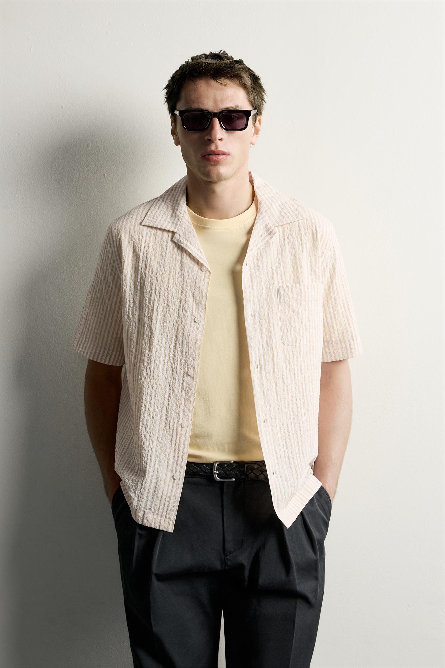 Мужская рубашка Zara Regular Fit Crinkled Striped, цвет: Жёлтый — фото 2