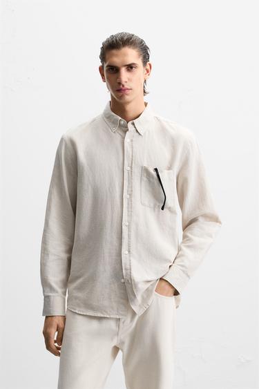 CAMISA LIÑO - ALGODÓN - Beixe claro de Zara