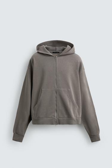Zara WASHED ZIP HOODIE SWEATSHIRT - Light gray