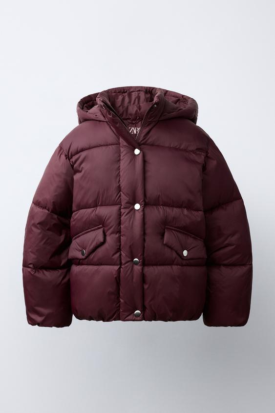 WATER-REPELLENT HOODED PUFFER COAT - Burgundy de Zara - Imagen 0