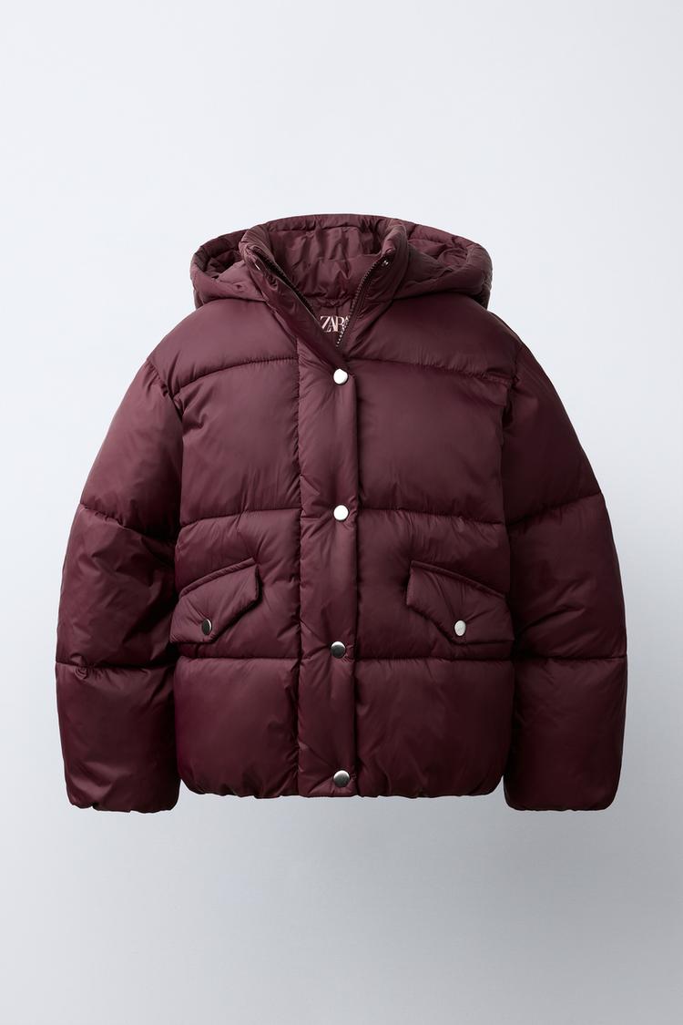WATER-REPELLENT HOODED PUFFER COAT — Burgundy