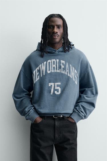 SUDADERA LAVADA TEXTO ESTAMPADO - Azulado de Zara