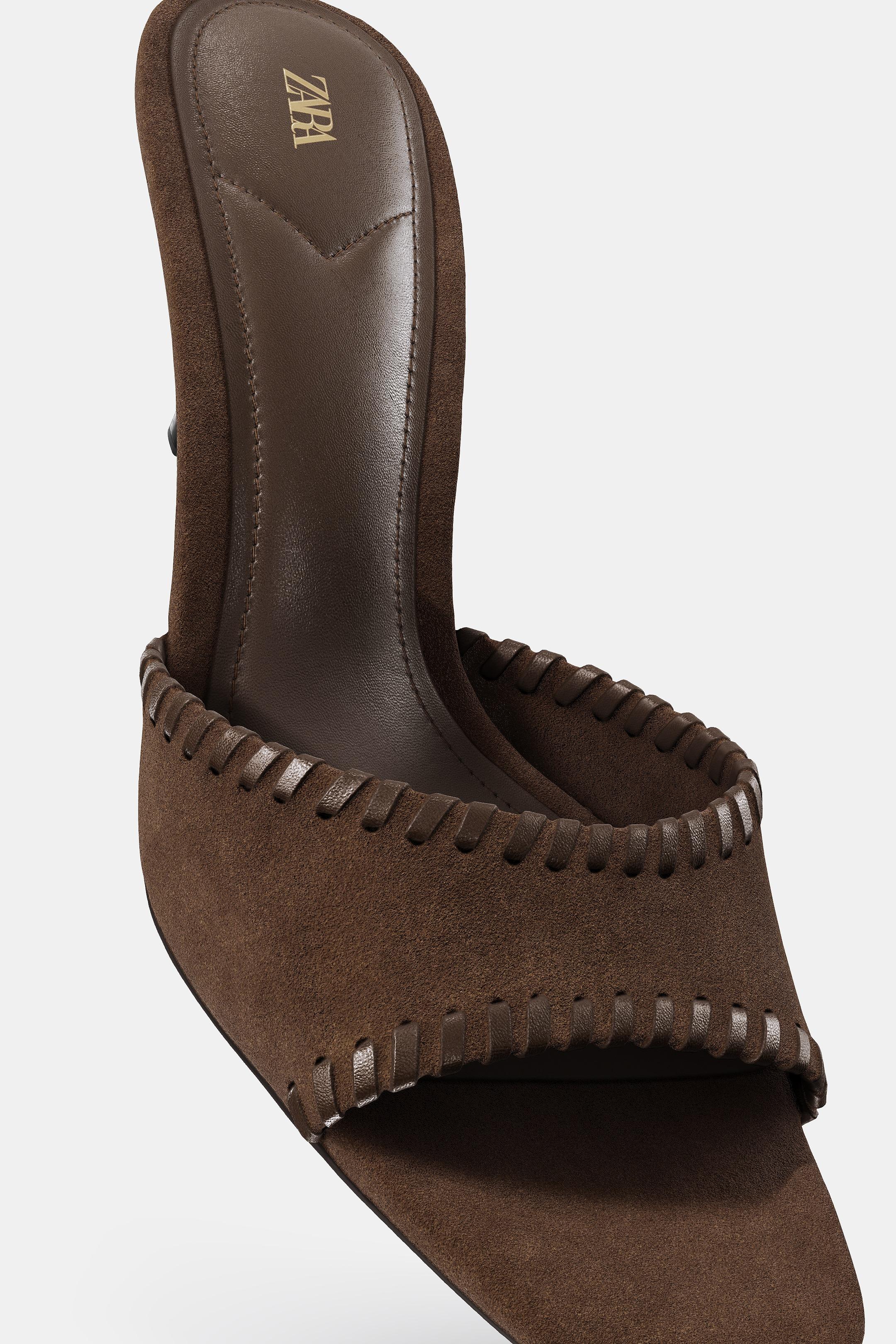 Zara TOPSTITCHED HEEL MULES - Brown