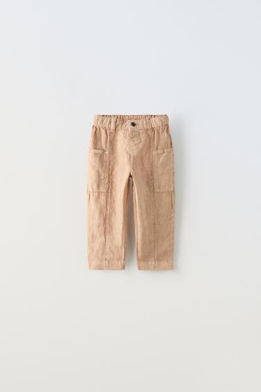 PANTALON EN LIN À POCHES - Marron clair de Zara