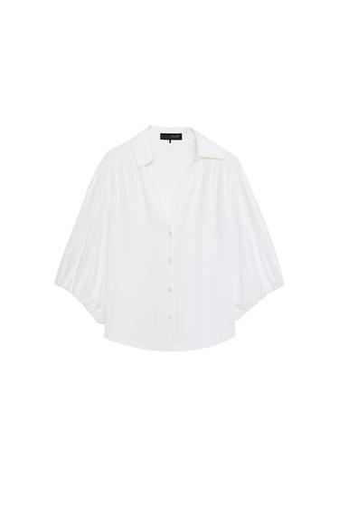 Zara LINEN BLEND PUFF SLEEVE SHIRT - White