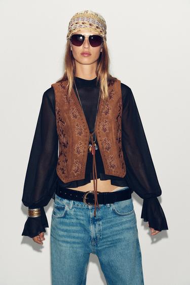 Zara EMBROIDERED BEADED FAUX SUEDE VEST - Tobacco Brown