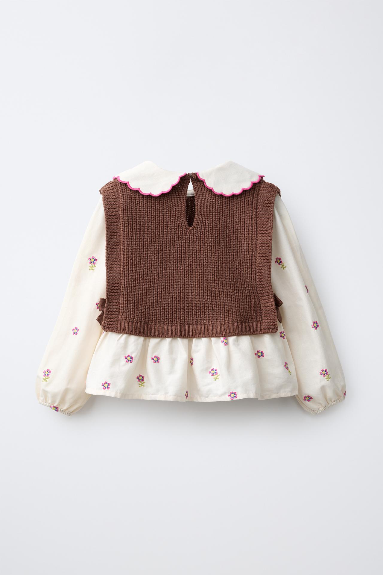 FLORAL EMBROIDERED SHIRT WITH KNIT VEST — Brown