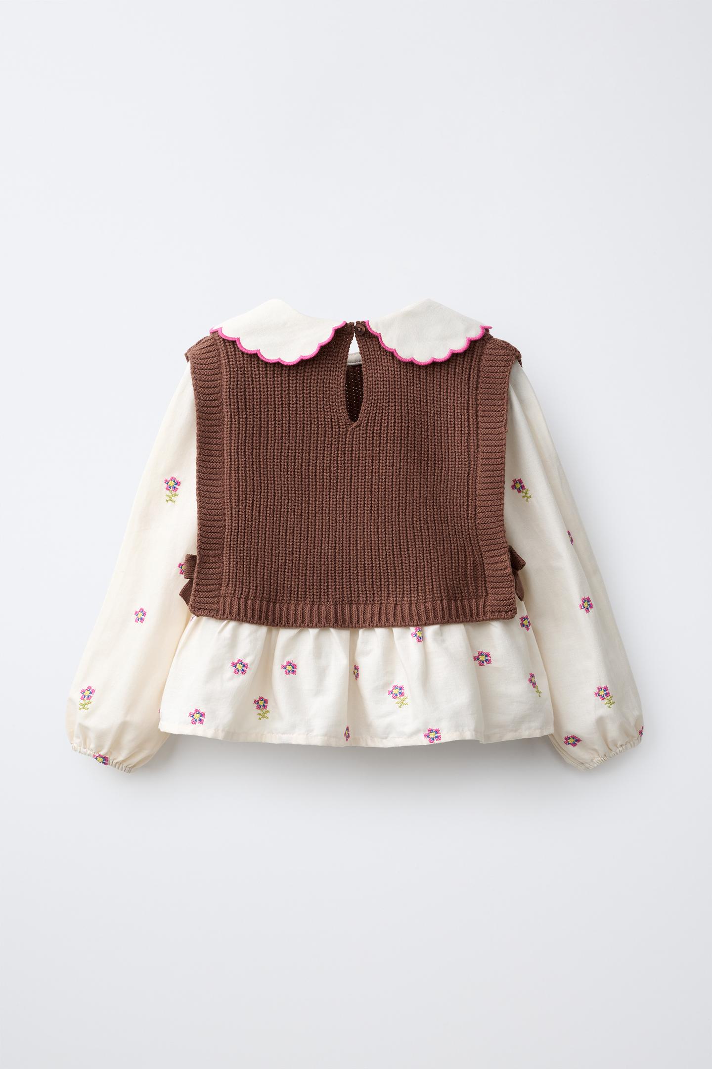 Детская рубашка Zara Floral Embroidered Shirt with Knit Vest, цвет: Коричневый — фото 2