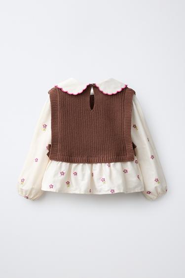 FLORAL EMBROIDERED SHIRT WITH KNIT VEST — Brown 2
