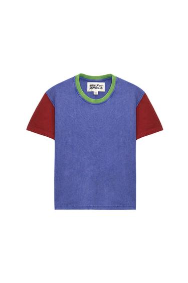SLIM CROPPED COLOUR BLOCK T-SHIRT - Blue by Zara