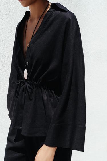 Zara LINEN SAFARI SHIRT - Black