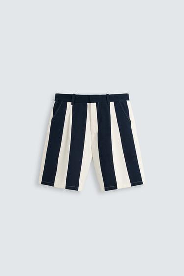 BERMUDA RAYAS PLIEGUES - Marino / Blanco de Zara