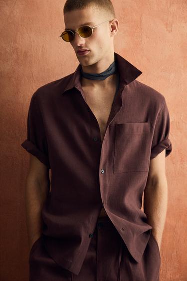 قميص فيت مريح مزيج كتان - عنابي الخاص بـ Zara