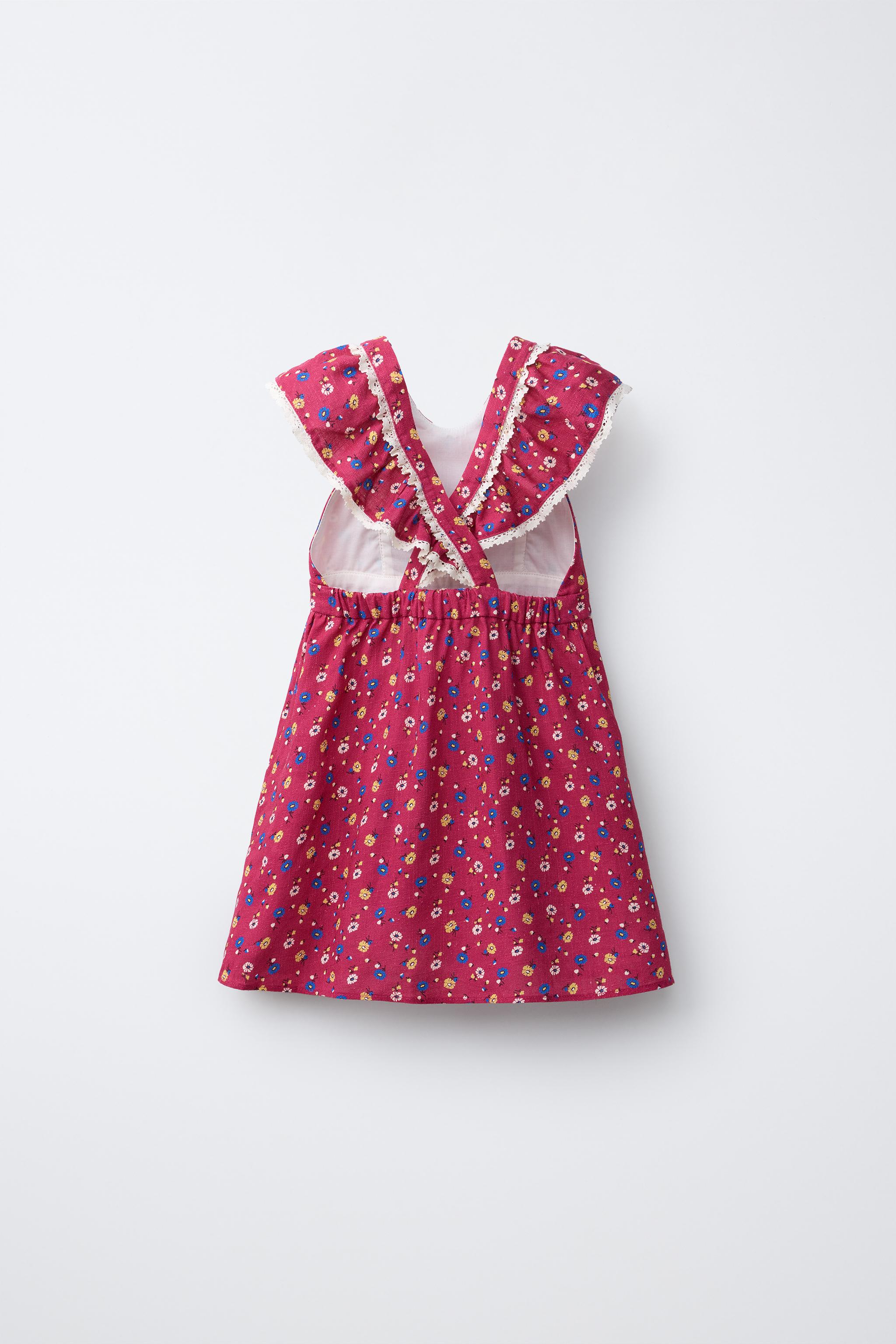 chinese dress ladies Zara Pink Red Linen Floral Sleeveless Button Down Tie Waist Fit & Flare  Dress XS