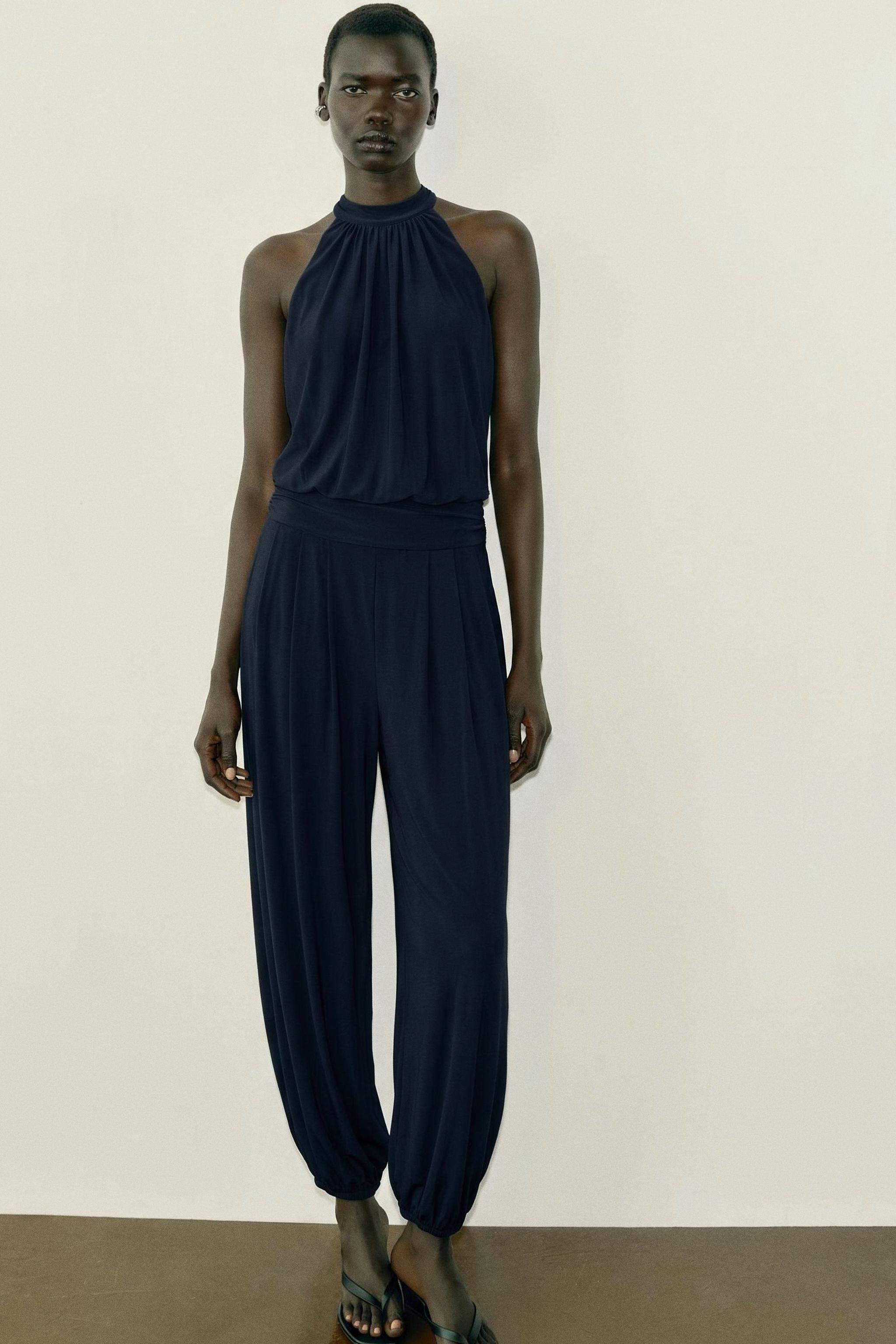 DRAPED HALTER BLOUSE JUMPSUIT