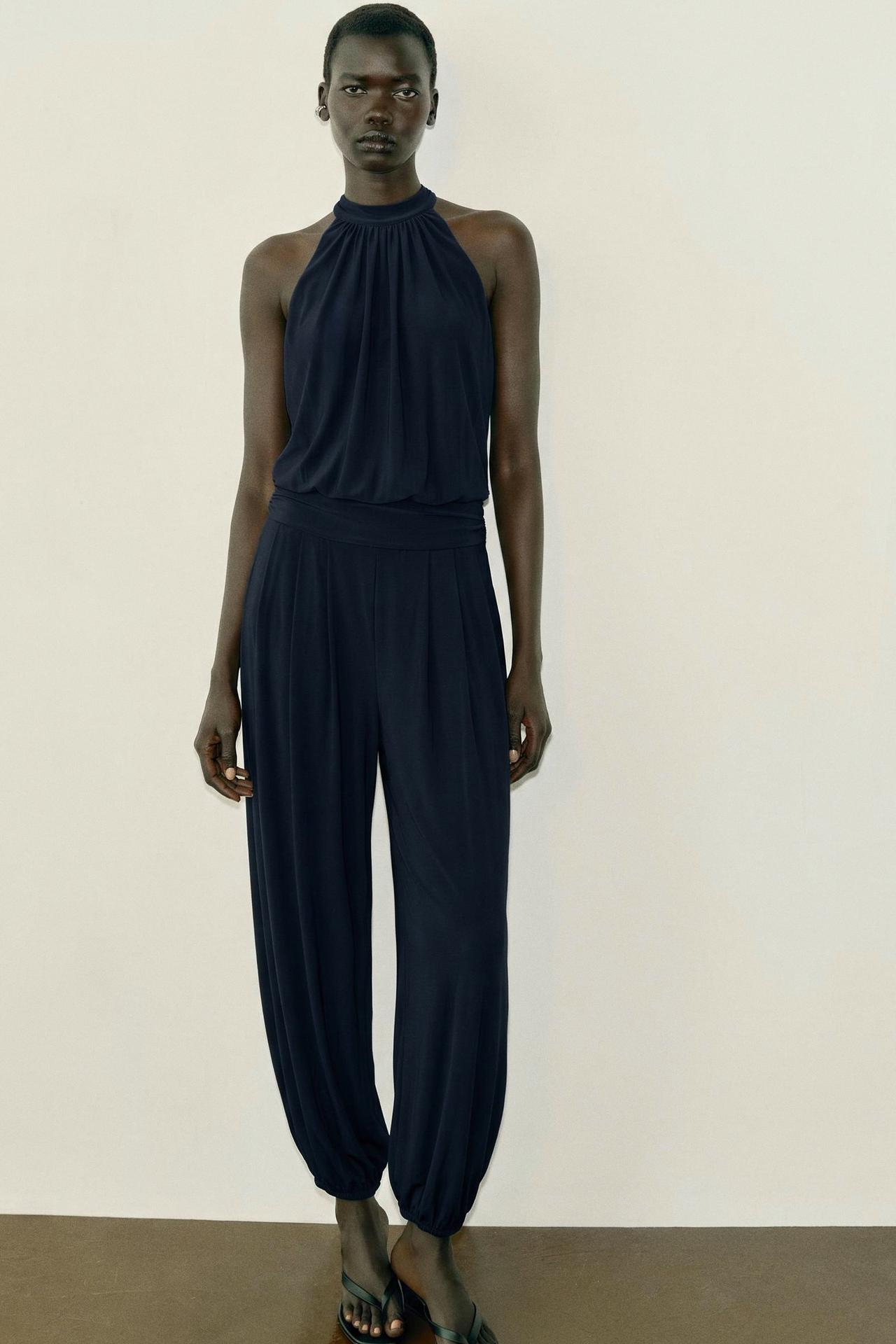 DRAPED HALTER BLOUSE JUMPSUIT — Midnight blue