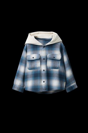 Zara FLEECE HOODED PLAID OVERSHIRT - Blue - Image 0