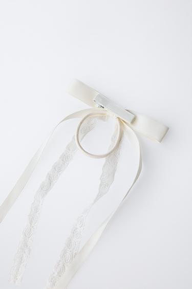LACE AND PLAIN BOW SNAP CLIP HAIR TIE - Ecru by Zara - Image 2