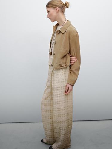 Pantalón fluido cuadros mezcla lino - Crudo de Zara