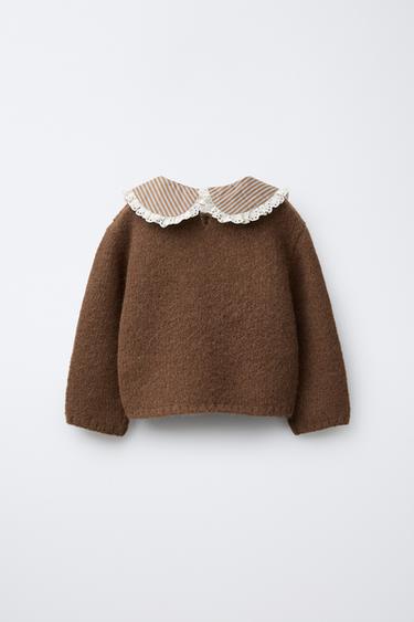 PULL EN MAILLE COL RAYURES ET FLEURS - Chocolat de Zara - Image 1
