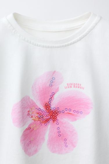 T-SHIRT FLEURI À FRANGES ET PAILLETTES - Blanc cassé de Zara - Image 2