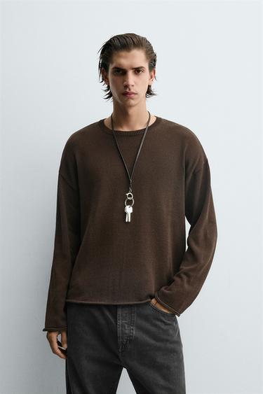 TEXTURED TURN-UP TRIM SWEATER - Brown by Zara