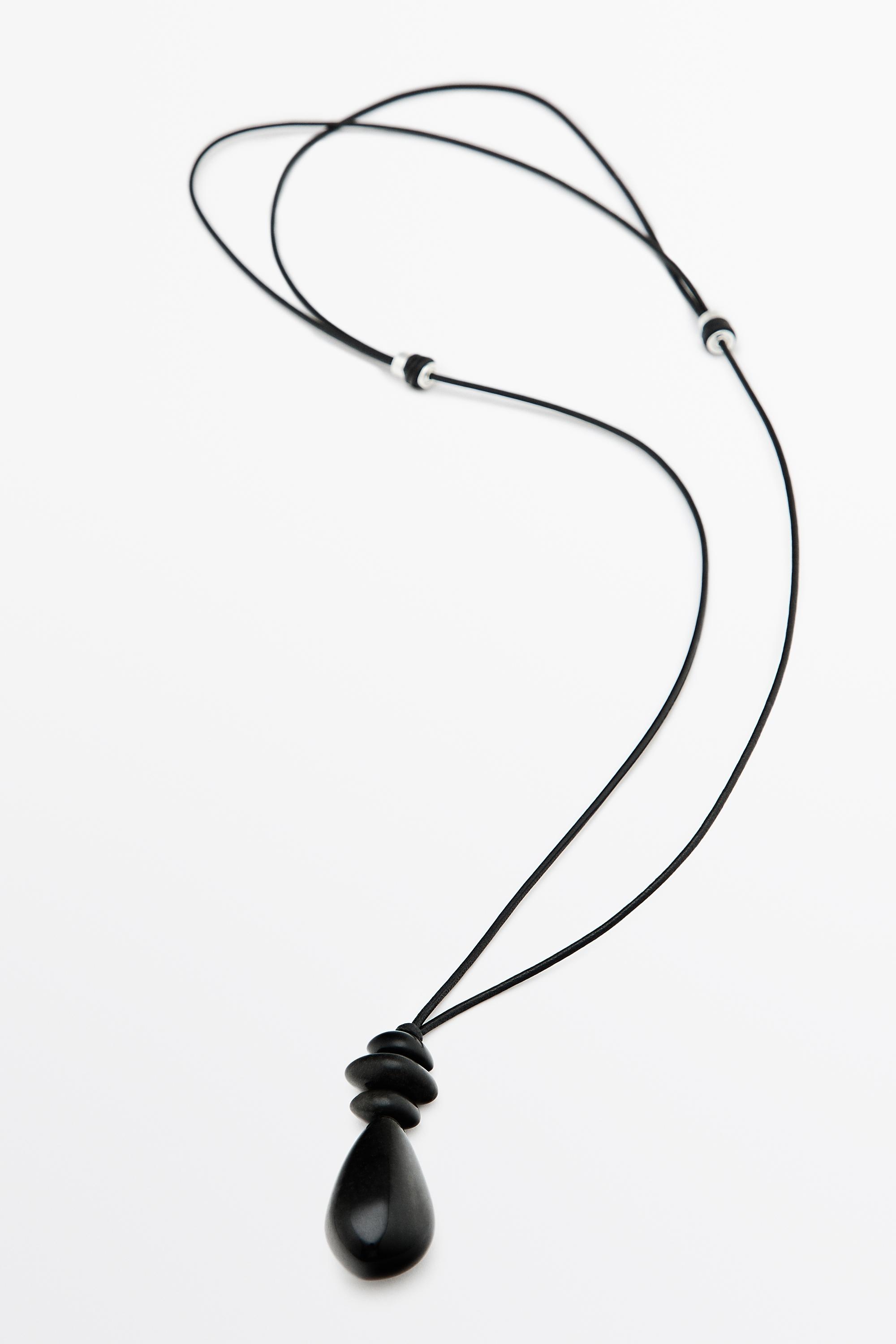 Long leather cord stone necklace — Black