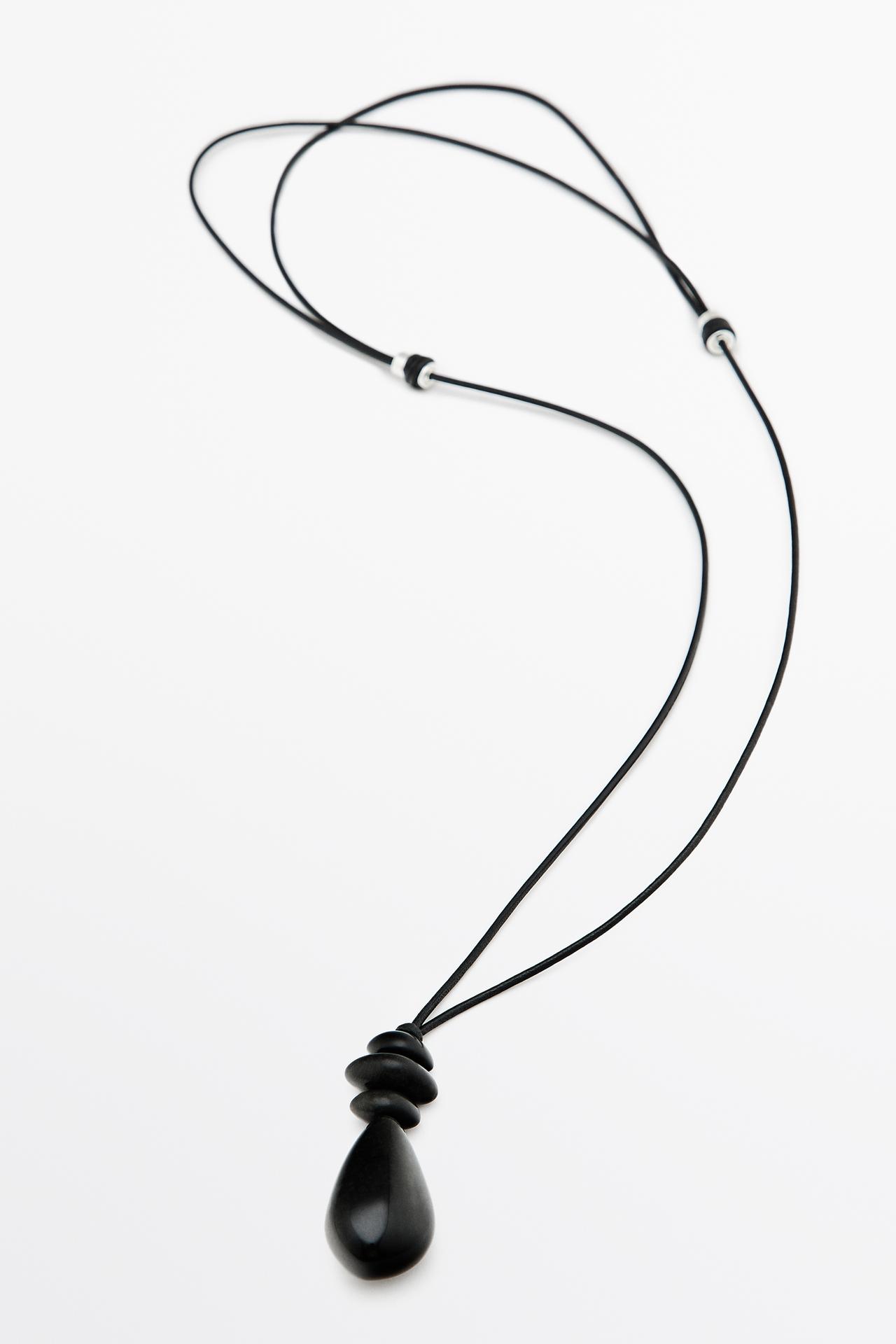 Long leather cord stone necklace — Black
