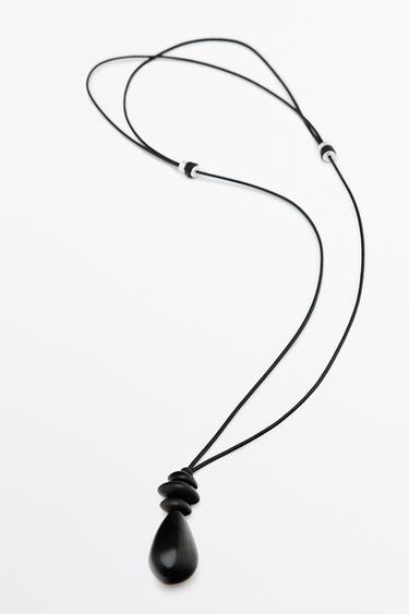 Long leather cord stone necklace — Black 2