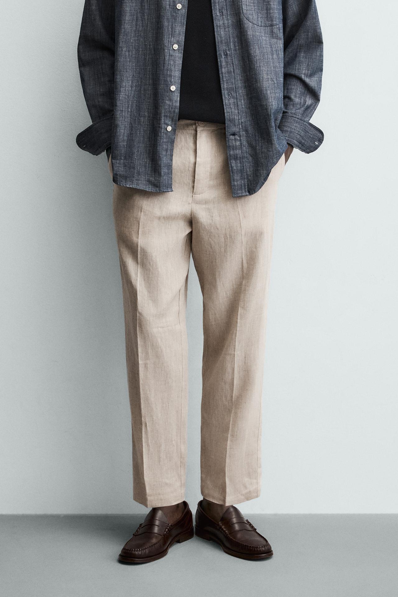 100% LINEN REGULAR FIT PANTS — Light beige