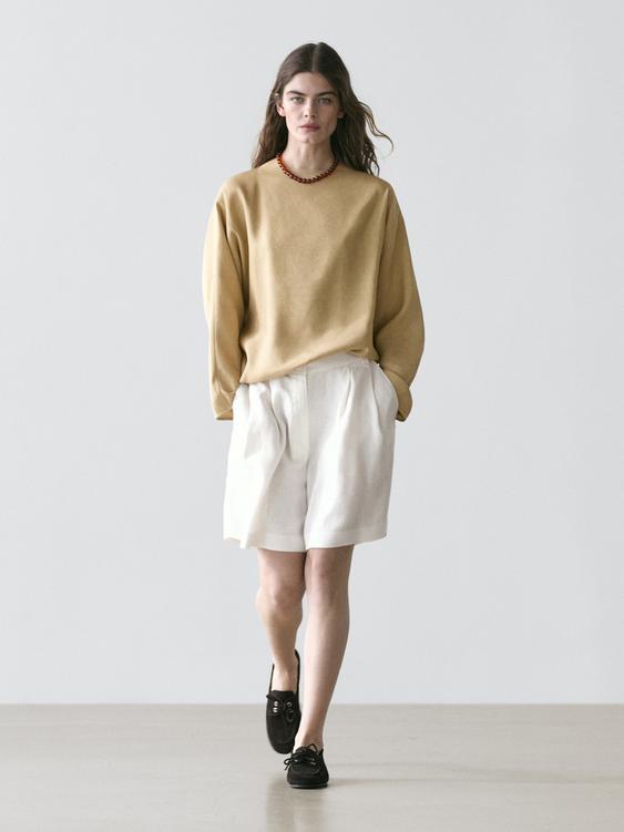 100% linen short pleated Bermuda shorts