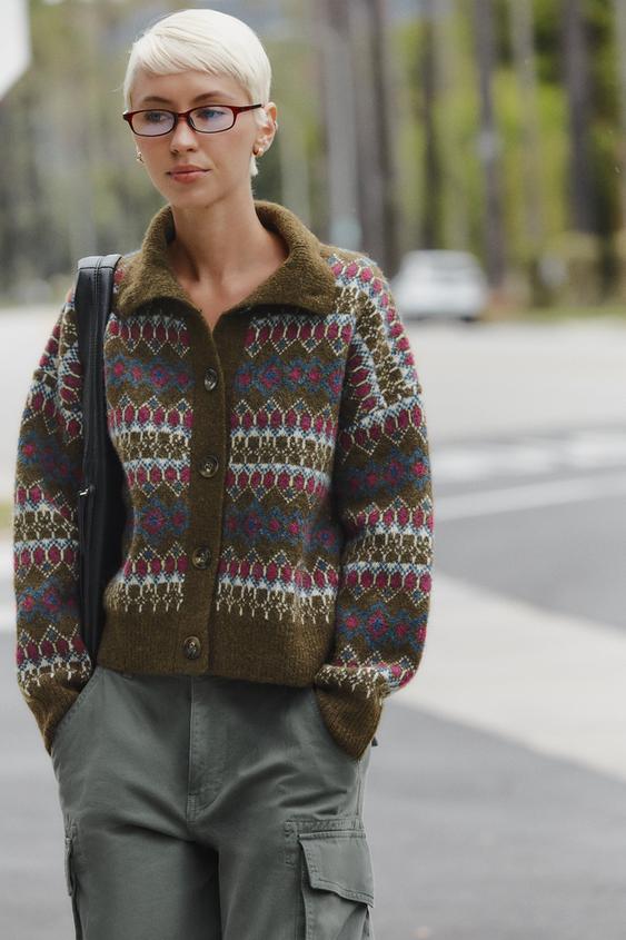 VESTE EN MAILLE JACQUARD - Vert olive de Zara - Image 1