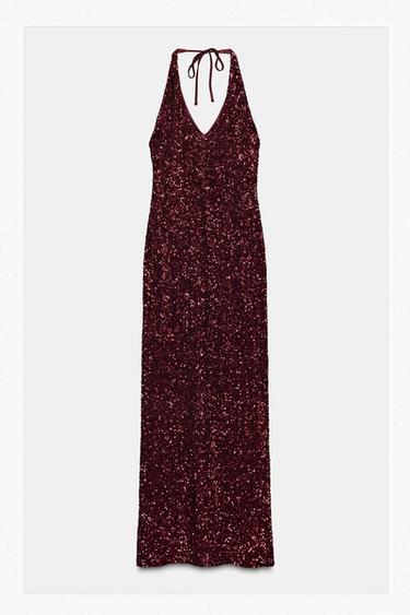 VESTIDO ESCOTE PICO LENTEJUELAS - Burdeos oscuro de Zara