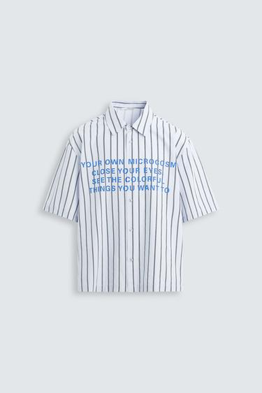Zara STRIPED TEXT SHIRT - Blue