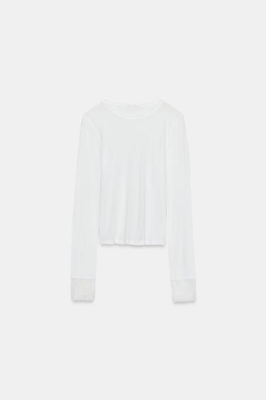 TOP SEMI-TRANSPARENT AVEC POIGNETS EN DENTELLE - Blanc cassé de Zara - Image 3