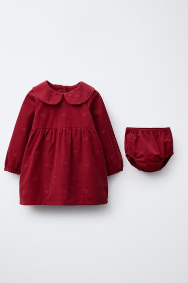 CORDUROY DRESS AND KNICKERS WITH EMBROIDERED HEARTS - Red by Zara
