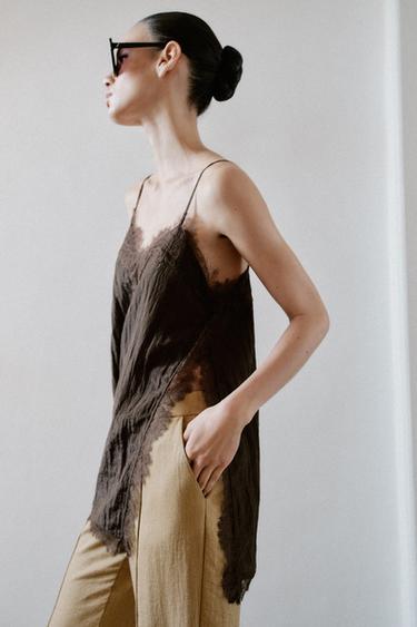 LACE-TRIMMED CAMISOLE TOP - Brown by Zara