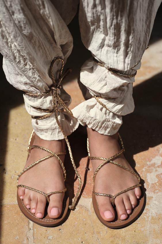 LACEUP FLAT SANDALS Gold ZARA Singapore