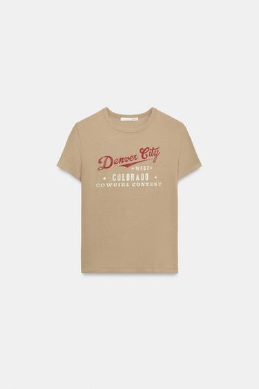 SHORT SLEEVE SLOGAN T-SHIRT - camel by Zara