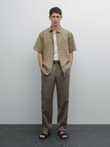 Zara Regular fit short sleeve linen shirt - Khaki - Image 0