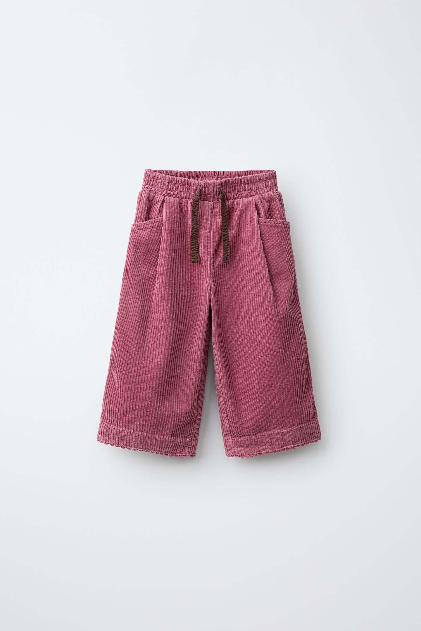 Детские брюки Zara Corduroy Wide-Leg Pants with Lace Trim, цвет: Тёмный розовый — фото 2