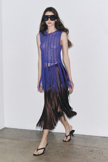 Zara FRINGED CROCHET KNIT TOP - Blue - Image 0