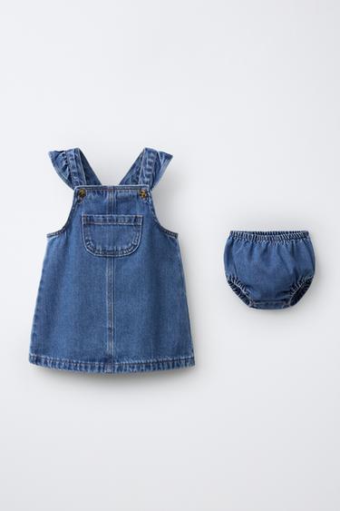 RUFFLED DENIM PINAFORE DRESS AND BLOOMERS - Mid-blue by Zara