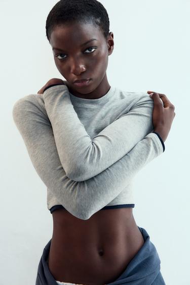 MOCK LAYER CROP T-SHIRT - Grey marl by Zara - Image 2