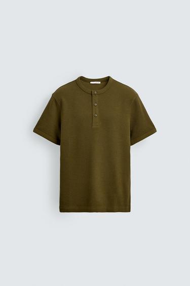Zara 紋理紐扣圓領 T 恤 - 卡其色