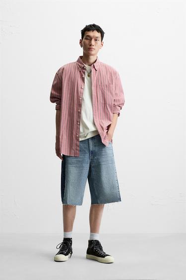 Zara 對比色條紋牛仔短褲 - 中藍色 - 圖片 0