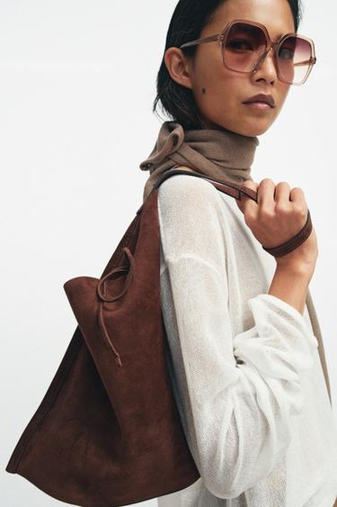 FLAT LEATHER BAG WITH TIE CLOSURE - Brown by Zara